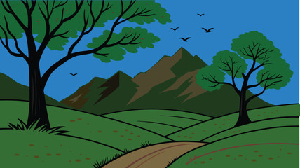 Fototapeta premium Landscape illustration of rolling green hills and mountains