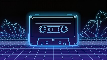 Neon blue cassette tape on grid floor with crystals