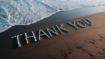 The word thank you written in seashells on a sandy beach on transparent background