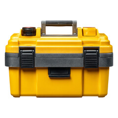 Fototapeta premium Yellow Plastic Toolbox with Black Latches and Handle on White Background