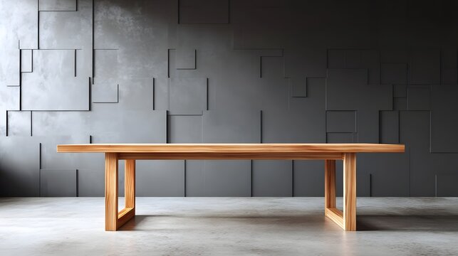 A sleek contemporary wooden table is centrally placed in a minimalist room featuring a dark geometrically patterned textured wall and a polished concrete floor evoking a modern aesthetic - Powered by Adobe