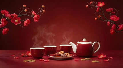 Fototapeta premium A traditional Chinese New Year composition featuring red plum blossoms,a teapot with cups,and dried fruits on a red table,symbolizing prosperity,happiness,and cultural celebration.