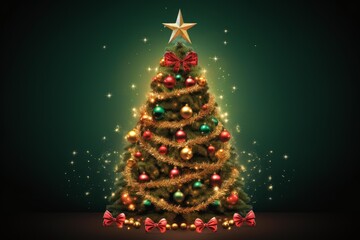 Fototapeta premium Christmas tree glowing with festive lights and colorful ornaments on dark green background