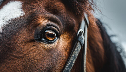 Closeup of a brown horse's eye with a white blaze and black bridle macro