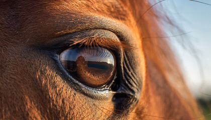 Closeup of a chestnut horse's eye with warm tones and detailed eyelashes
