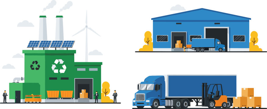 Industrial recycling plant and warehouse illustration set featuring logistics transport trucks storage facilities and sustainable waste management operations