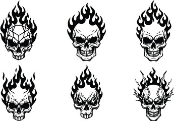 Obraz premium Tattoo flash skulls with stylized flame crowns six variations frontal view close up vector art black linework aggressive grinning jaws hollow eye sockets symmetrical
