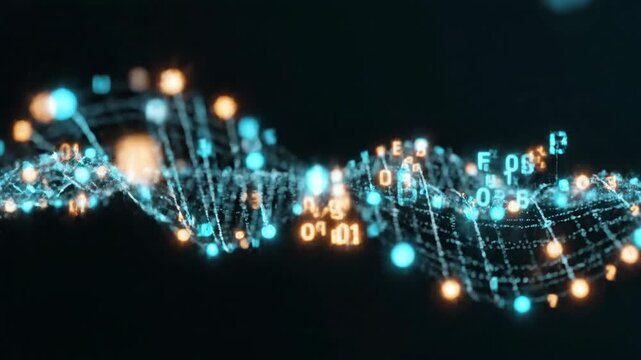 Abstract digital network flow with data points and binary code
