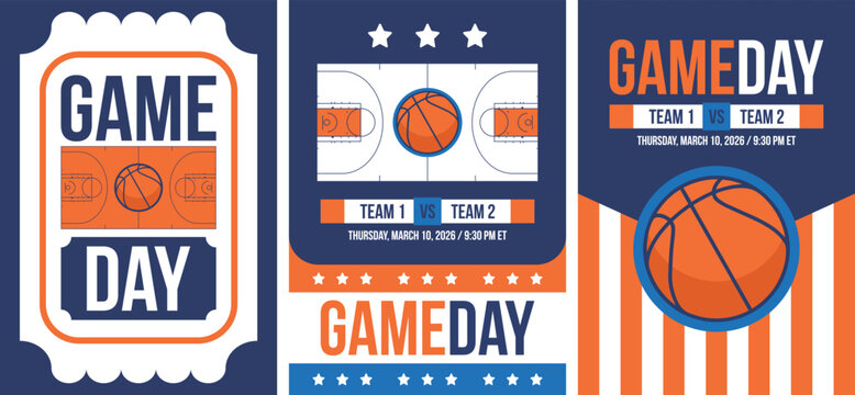 Game Day. Basketball playoff in March. Super sport party in United States. Final games of season tournament. Professional team championship. Ball for basketball. Sport poster. Vector