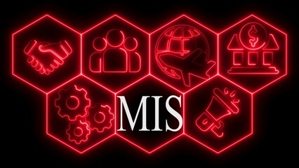 Red Neon Hexagons Displaying Business Icons and the Acronym MIS on a Black Background management © Ayan stock