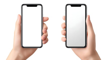 A pair of hands are shown from the wrist down each grasping a modern smartphone with an empty screen presented against a clean white backdrop for design purposes