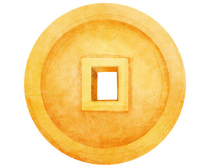 Watercolor Illustration of Chinese Coin