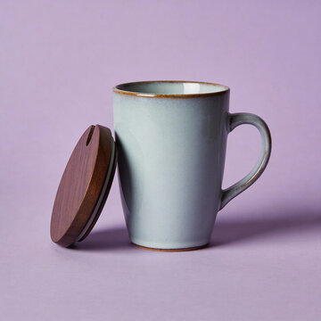 A light blue ceramic mug with a wooden lid on a pastel lil Page object studio background