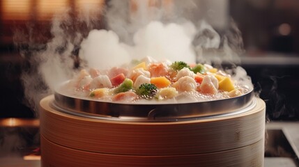 Steaming food display on wooden stand