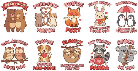 Obraz premium A collection of adorable animal stickers featuring bears, cats, sloths, and foxes with romantic puns like 