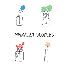 minimalist hand drawn floral doodle set with simple flowers in vases, thin black line art combined with soft pastel color accents, modern scandinavian style illustration isolated on transparent backgr