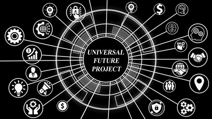 Fototapeta premium Universal Future Project Network with Business and Technology Icons on Black Background abstract artificial intelligence