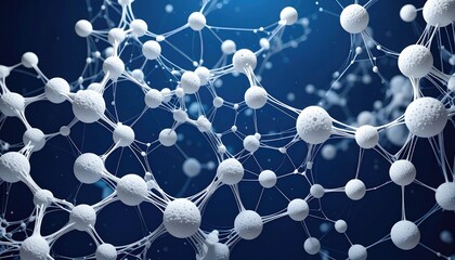 Interconnected white spheres with fine lines on a dark blue gradient background, showcasing a network-like structure