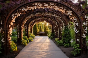 Obraz premium Floral archway covering a garden path, leading to a wooden bench bathed in warm sunset light