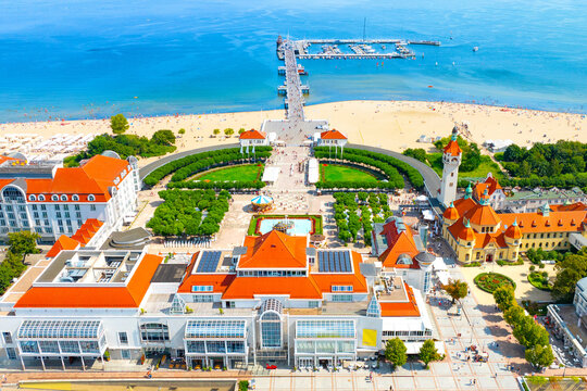 Sunny landscape of the resort town of Sopot and Molo - pier on the Baltic Sea. Poland