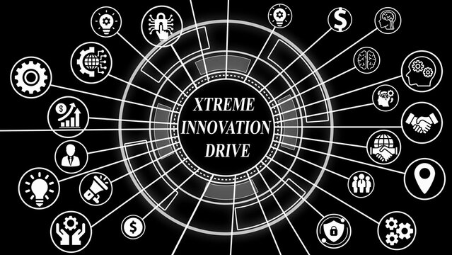 Xtreme Innovation Drive Network with Technology and Business Icons on Black Background abstract