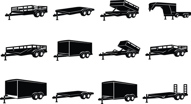 Trailer icon set showing utility dump flatbed enclosed gooseneck equipment transport silhouettes isolated black vector illustration collection trailer types design