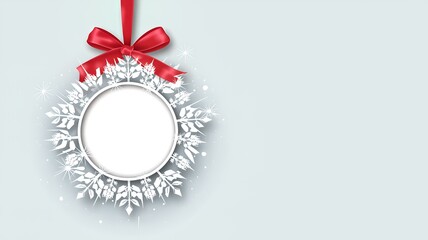 Elegant Christmas wreath with red ribbon on light blue background