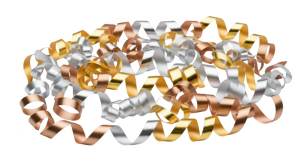 Pile of metallic gold silver and copper curling ribbons on png isolated transparent background black background