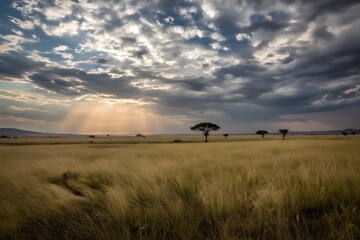 Naklejka premium Dramatic African Savanna Landscape with Sun Rays and Stormy Clouds