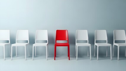 Standing out from the crowd: a bright red chair among many identical white chairs