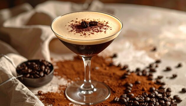 An espresso martini is garnished with beans and powder, resting on a beige cloth with scattered beans and powder