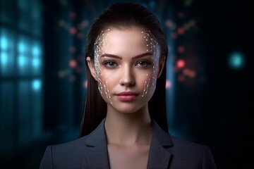 Woman's face mapped by digital points for biometric security and artificial intelligence