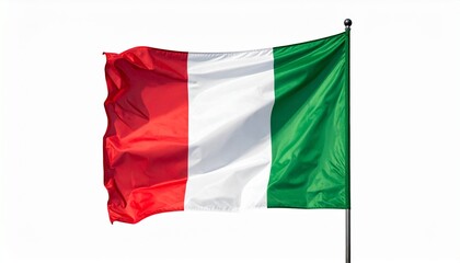 Italian flag with vertical green, white, and red stripes waving on a flagpole outdoors.
