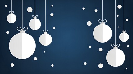 Festive white Christmas ornaments hanging on dark blue background with snowflakes