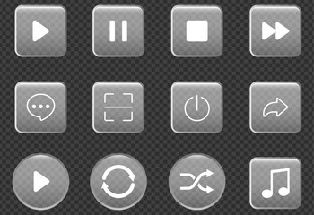 Glassmorphism Media Control Interface Icon Set.