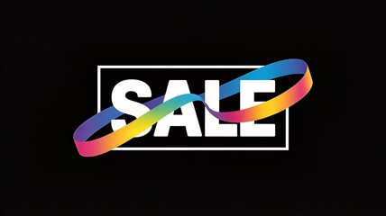 Vibrant rainbow sale sign with dynamic swoosh on black background