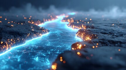 Ethereal blue river illuminated by fiery orange lights flows through a dark textured landscape under a misty atmosphere