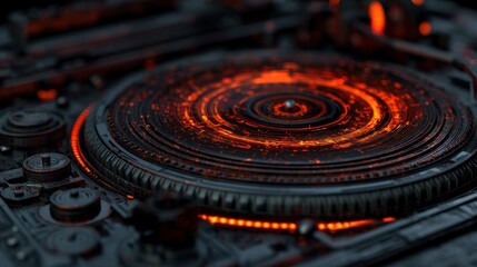 Dark mechanical turntable platter glows with intense fiery orange digital energy and intricate circuits