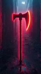 Glowing red fantasy battle axe standing upright in a dark wet narrow passage