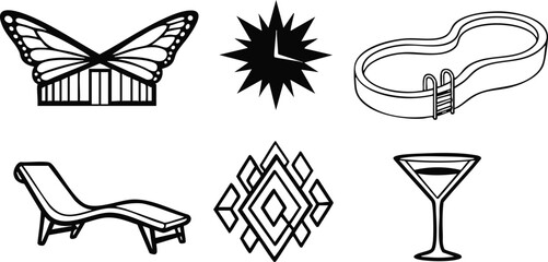 Line art close up set of six travel and leisure icons butterfly crown pool with ladder lounger geometric tile martini glass starburst emblem minimal black vector