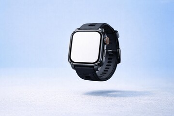 Minimalistic Smartwatch Screen Mockup with Black Strap on Subtle Blue Background