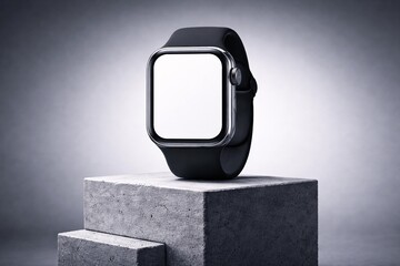 Modern Smartwatch Mockup with Blank Screen Displayed on Concrete Pedestal