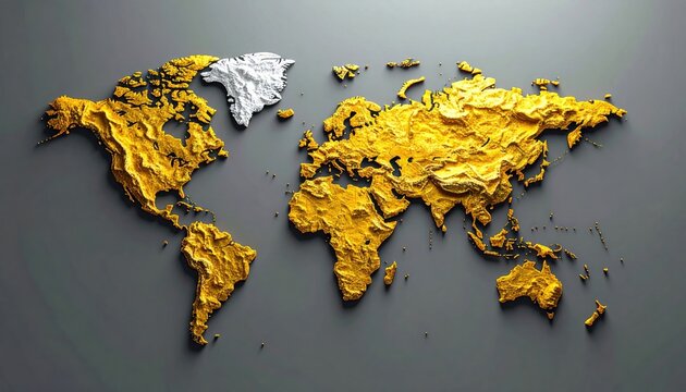 Golden world map with textured continents and Greenland in white, presented against a neutral gray background