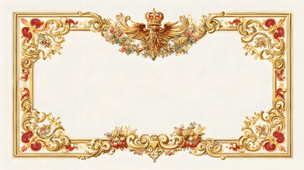 Luxurious vintage gold decorative frame featuring a central crowned eagle rich floral accents and intricate scrollwork ideal for classic or formal design projects
