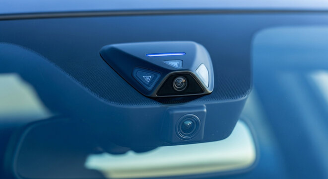 Advanced dual-lens vehicle dashcam system on windshield for safety and monitoring