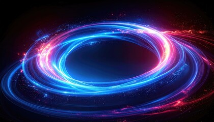 Abstract image of a swirling, glowing ring of blue and pink lights against a dark background with sparkles