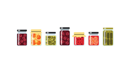Variety of jars filled with delicious homemade pickled vegetables and fruit preserves, showcasing traditional canning and healthy food storage methods.