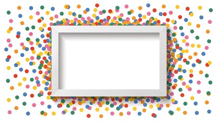 Colorful confetti surrounding empty white frame for celebration