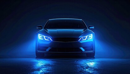 Front view of a dark car, headlights ablaze with vibrant blue light, reflects subtly on the wet-looking surface
