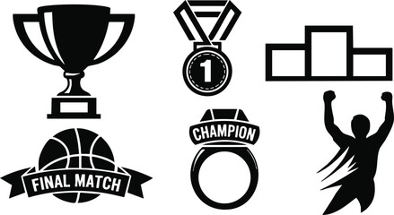 Naklejka premium Flat design basketball trophy and medal set with champion ring podium and celebrating silhouette raising arms in victory black and white vector sports icons award logo
